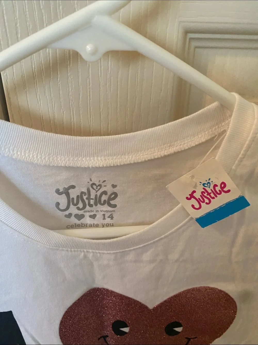 Justice White Tee with Glittery Pink Heart Werewolf Graphic